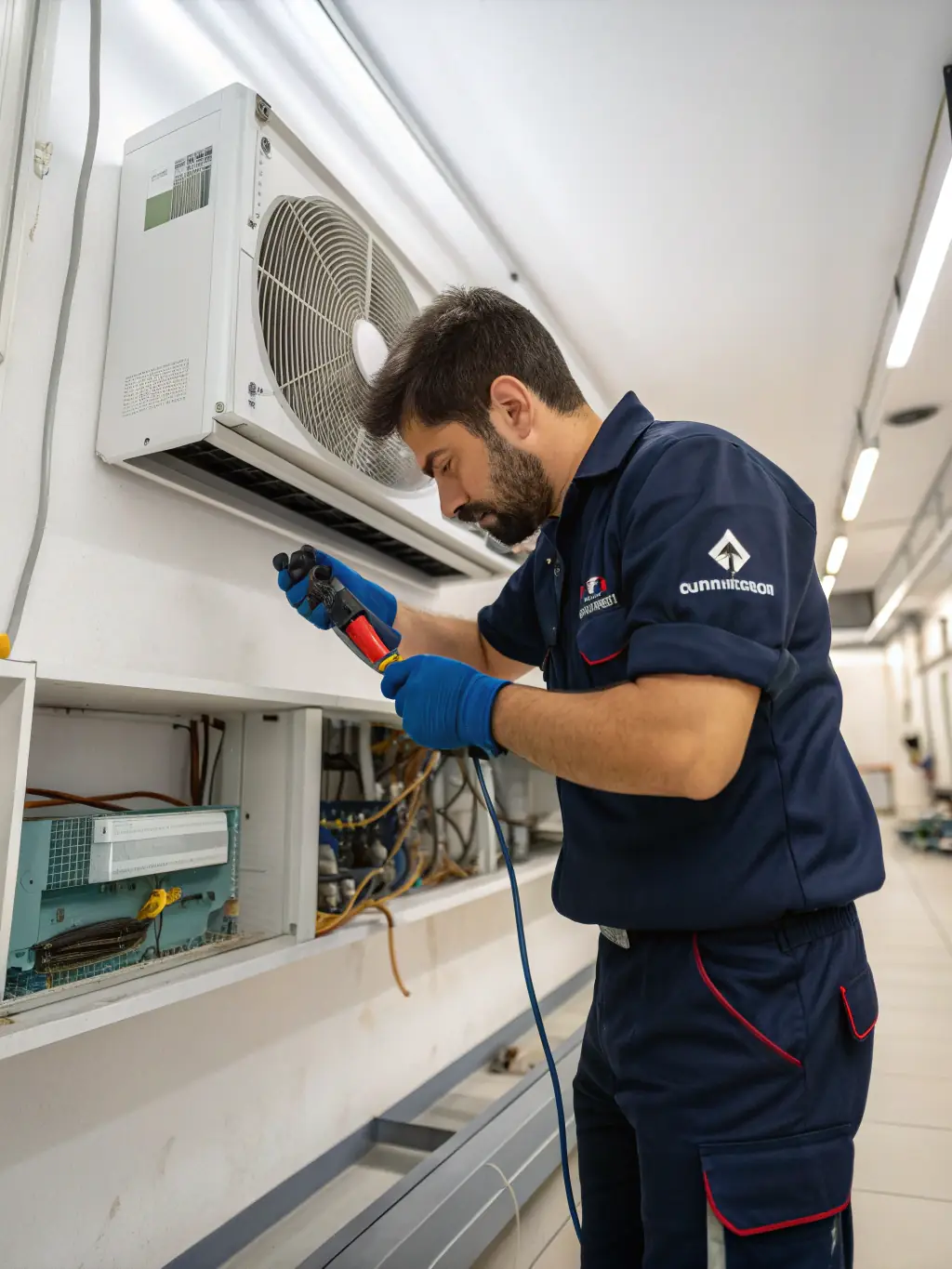 A close-up shot of a technician's hands expertly handling an AC unit's internal components, emphasizing precision and skill.