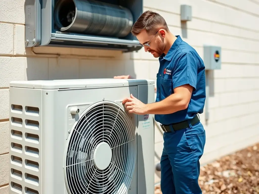 A technician in Caribe Home Improvement LLC uniform is shown repairing an air conditioning unit with professional tools, set against a backdrop of a well-maintained residential home, emphasizing expertise and reliability.