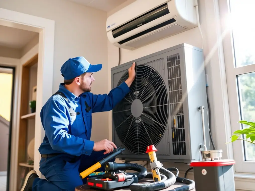 A technician is installing a new central air conditioning system in a modern residential home, ensuring optimal placement and setup for maximum comfort and efficiency.
