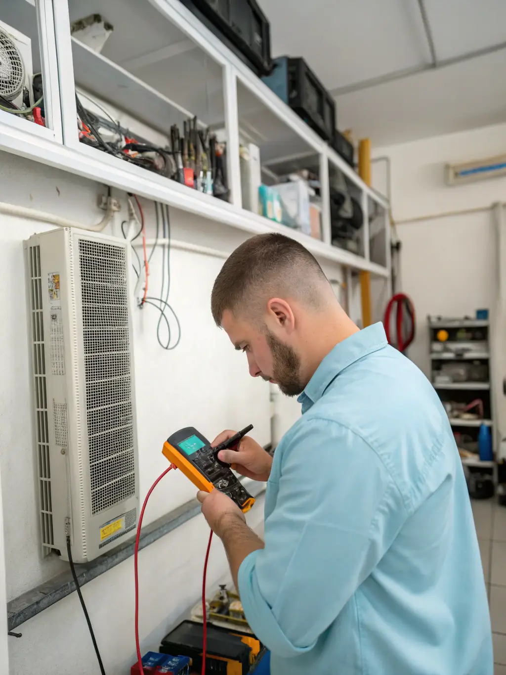 A technician in a Caribe Home Improvement LLC uniform is diagnosing an air conditioning unit with a multimeter, showcasing their expertise in AC repair.