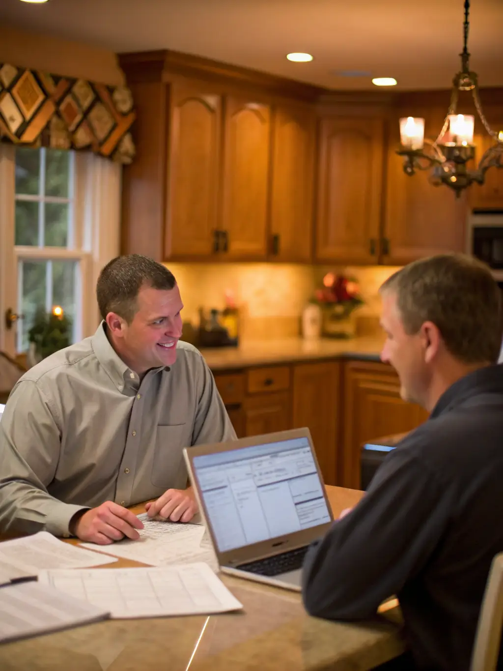 A friendly technician smiling while interacting with a satisfied customer in a comfortable home setting.