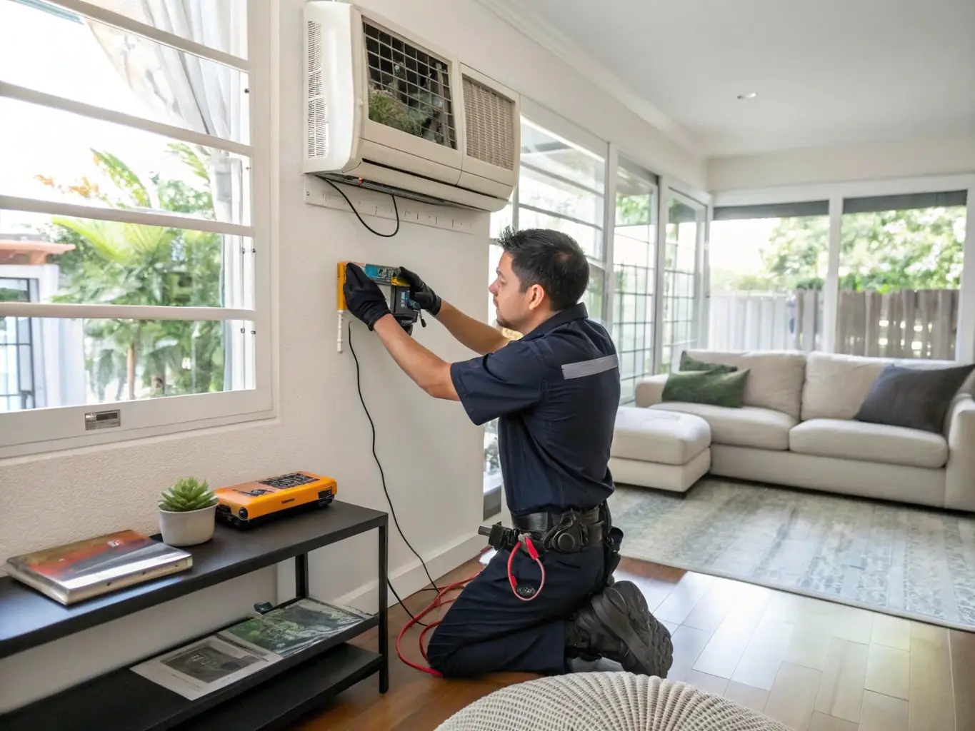 A technician is performing maintenance on an air conditioning system, focusing on routine care and precision, with a checklist in hand to highlight thoroughness.