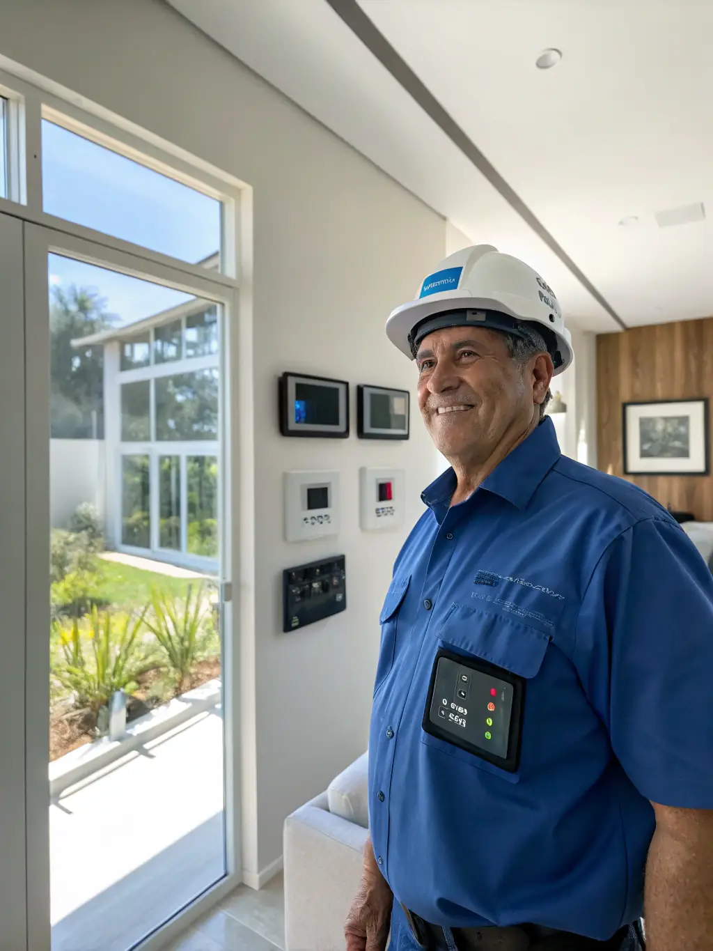 A close-up shot of an EPA Universal Certified badge on technician Israel Reyes' uniform, emphasizing his qualifications and expertise.